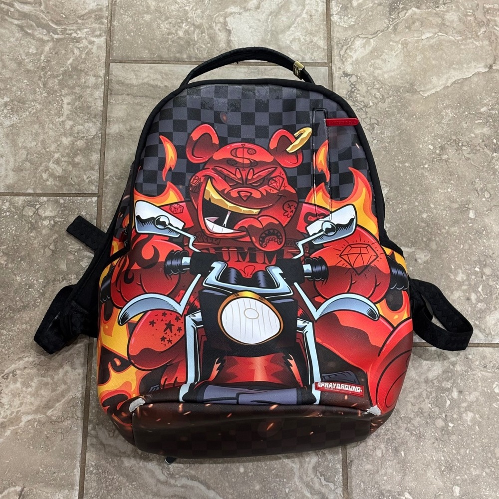 Sprayground Limited Edition Money Bear Motorcycle Flame Backpack Checkered Red